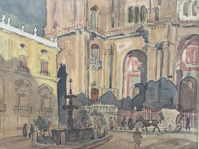 Lot 28 - Continental school, late 19th century, watercolour - Cathedral Square, Malaga, 24 x 31cm, mounted but unframed