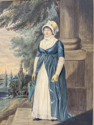 Lot 29 - 19th century English School, watercolour - Portrait of a lady with bonnet and parasol, 35 x 26cm