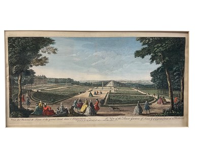 Lot 31 - Three 18th century hand coloured prints of gardens, including a pair of views of Vauxhall Gardens, each 22 x 40cm, another of the Gardens of Seaux, mounted but unframed