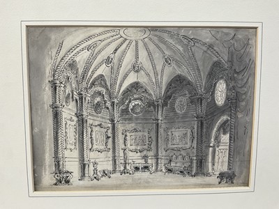 Lot 37 - Manner of John Scarlett Davis (1804-1845) pen and grey wash, grand interior, 20 x 28cm, mounted but unframed