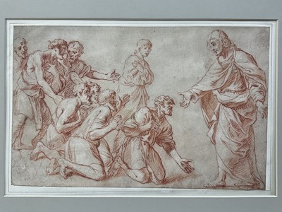Lot 48 - 17th century Continental school, red chalk drawing - Joseph reveals himself to his brothers, 18 x 29cm, mounted but unframed