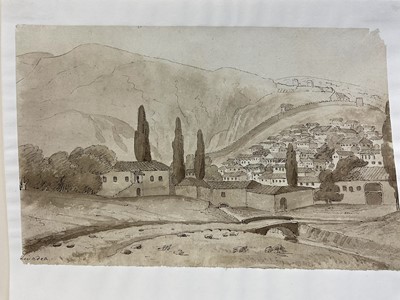 Lot 59 - 18th century school, pen and sepia wash 'Livadea', 16 x 22cm, mounted but unframed