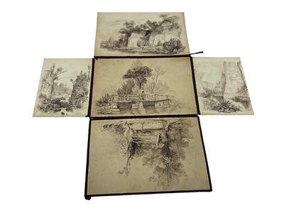 Lot 64 - Manner of Birkett Foster, pen and ink, a folding love token, comprising five delicate landscape views and hand written poem, the whole 35 x 34cm