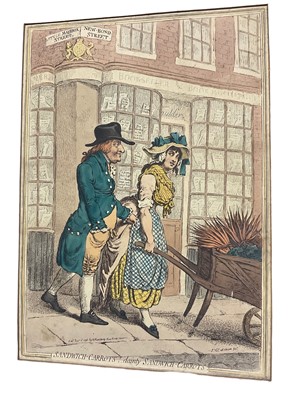 Lot 71 - After James Gillray, three hand-coloured etchings: Two Pairs of Portraits..., Meeting of unfortunate citoyens, Sandwich carrots. (3)