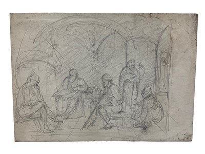 Lot 74 - English School, 19th century, three works on paper, figural studies, the largest 18 x 26cm, inscribed to mounts 'J E Millais', mounted. (2)