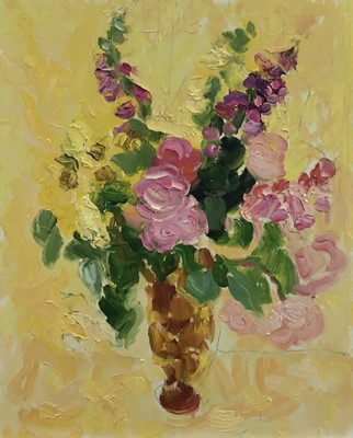 Lot 104 - Annelise Firth (b.1961) oil on board - Still Life on yellow background, signed and dated 2023 verso, 50cm x 40cm, unframed