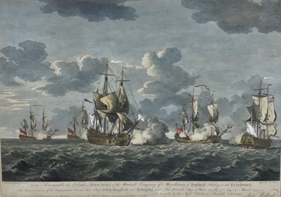 Lot 79 - 18th Century marine engraving, Merchant and war ships March 1757, by P. C Canot after R Paton, pub. London R Willock, 36cm x 49cm in glazed frame