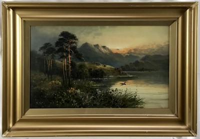 Lot 61 - Frank Hider oil on canvas - Highland scene, signed to front inscribed to reverse, 30cm x 50cm, behind glass in gilt frame