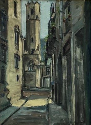 Lot 123 - Spanish 20th century oil on canvas, Barcelona Street scene, signed, 60cm x 45cm, framed