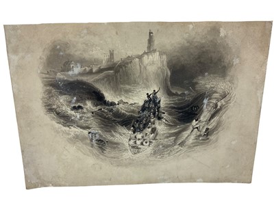 Lot 93 - English school, 19th century, pen and monochrome wash, lifeboat rescue off Whitby, 16 x 22cm