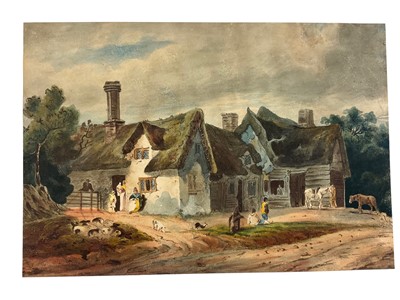 Lot 127 - Follower of George Morland, 19th century, watercolour - a farmstead, 17 x 25cm, mounted