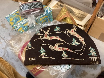 Lot 567 - 1931 embroidered cushion trees and reindeer, length of embroidered key pattern edging, lengths of tasselled braid, length of Liberty oneysuckle fabric, length of Paradou french fabric etc.