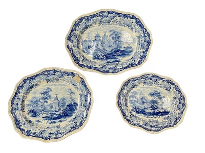 Lot 156 - Set of three Wedgwood graduated meat dishes, printed in blue with a Chinese river landscape