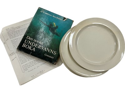 Lot 190 - Interesting set of eight Wedgwood creamware plates, recovered from a shipwreck off Norway in 1962, where a large cargo of Wedgwood was on board. Sold with a related book and papers