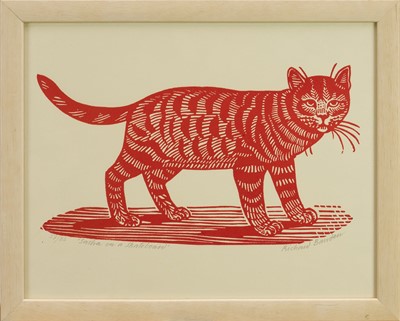 Lot 1145 - *Richard Bawden (b.1936), signed limited edition linocut - 'Sasha on a Skateboard' 27/85, 27cm x 34.5cm, in glazed frame