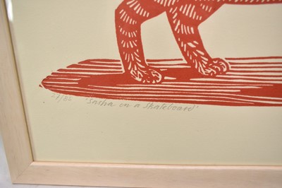 Lot 1145 - *Richard Bawden (b.1936), signed limited edition linocut - 'Sasha on a Skateboard' 27/85, 27cm x 34.5cm, in glazed frame