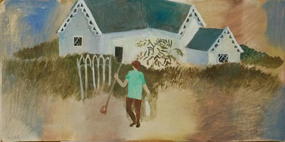 Lot 1147 - *Tessa Newcomb (b.1955) oil on board - 'Woman coming home from hoeing' signed and dated '08, titled verso, 15cm x 30.5cm, unframed
