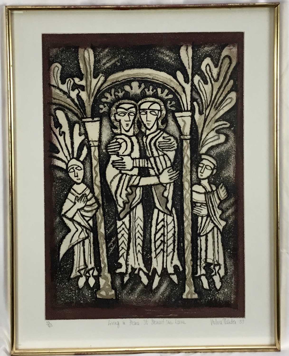 Lot 107 - Valerie Thornton aquatint - Living in Peace St Benoit sur Loire, 54cm x 38cm, signed and dated '89, 39/45, in glazed frame