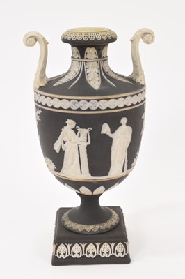 Lot 137 - Wedgwood black jasper dip two handled vase