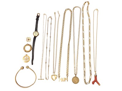 Lot 49 - Group of 9ct gold jewellery to include chains, pendants, a brooch, a torque bangle and a ladies Regency wristwatch on leather strap