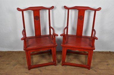 Lot 1344 - Pair of Chinese armchairs of red painted yoke back armchairs