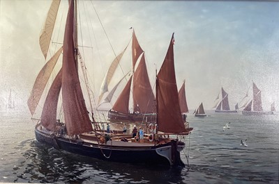 Lot 204 - Robin Pinnock (b.1954) oil on canvas - Thames Barges, (Thames Racers)