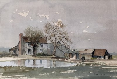 Lot 114 - Frank Alwin, contemporary, watercolour, farmhouse with pond and depicting two figures with dog returning from shooting, signed, in glazed gilt frame