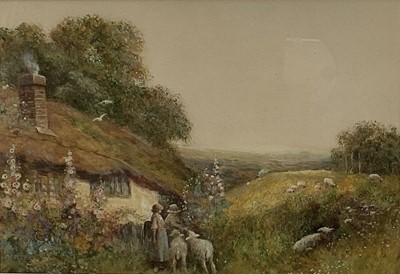 Lot 206 - Fred Hines, 20th Century watercolour - cottage with thatched roof, figures, and sheep, signed and dated