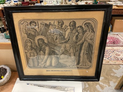 Lot 370 - 18th century religious engraving of Jesus carrying the cross, inscribed 'Gesu Incontra La Veronica', with label for L. Lecaron, Le Havre verso.