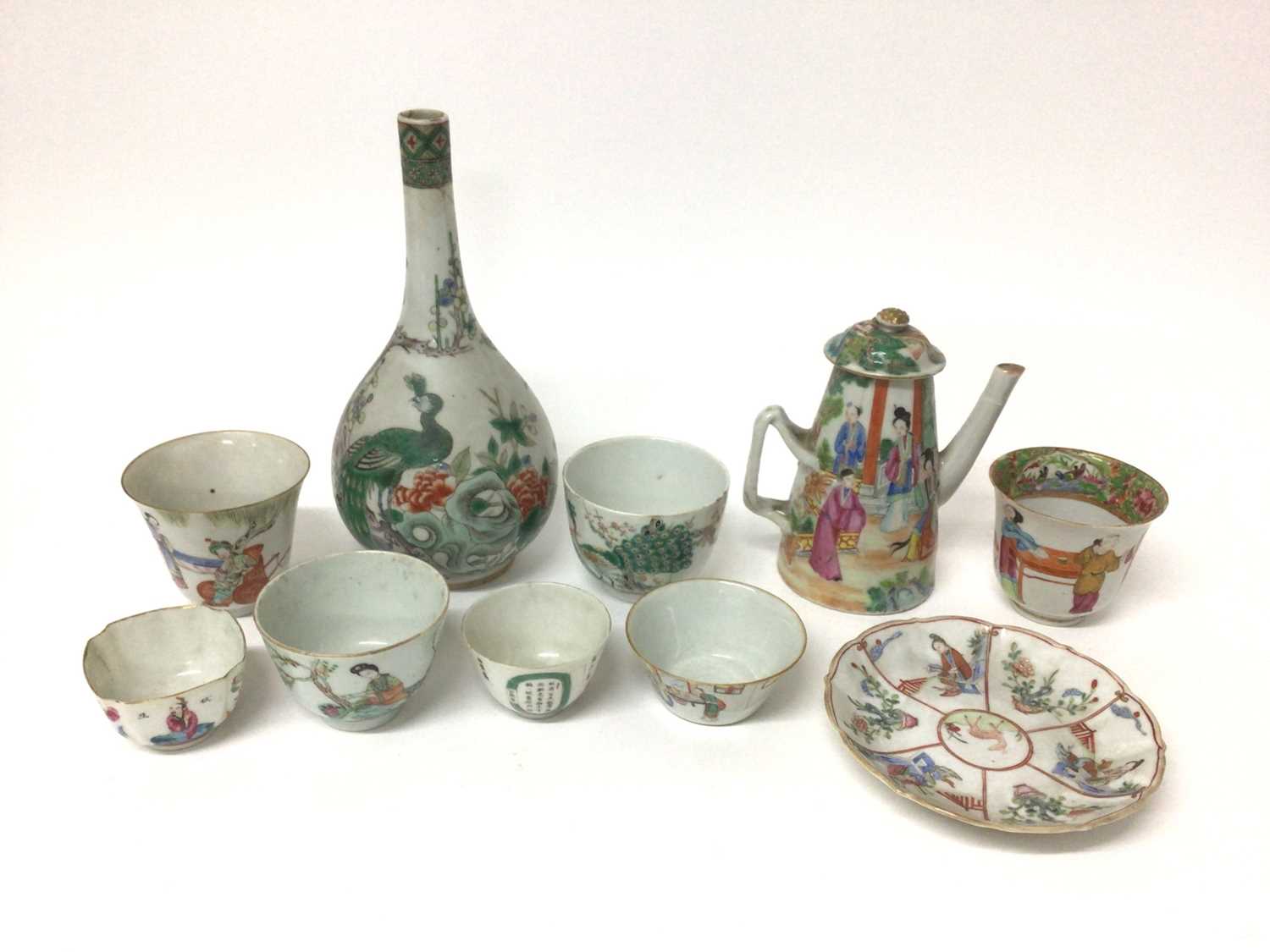 Lot 8 - Group of 19th century Chinese famille rose porcelain tea wares, including a Canton coffee pot, together with a famille verte bottle vase (10)