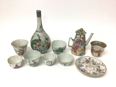 Lot 8 - Group of 19th century Chinese famille rose porcelain tea wares, including a Canton coffee pot, together with a famille verte bottle vase (10)
