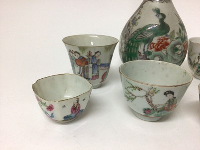 Lot 8 - Group of 19th century Chinese famille rose porcelain tea wares, including a Canton coffee pot, together with a famille verte bottle vase (10)