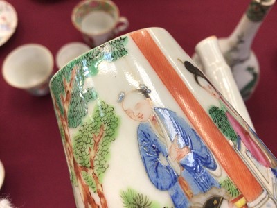 Lot 8 - Group of 19th century Chinese famille rose porcelain tea wares, including a Canton coffee pot, together with a famille verte bottle vase (10)