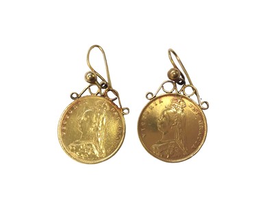 Lot 86 - Pair of Victorian gold half sovereigns, 1887, in yellow metal earring mounts