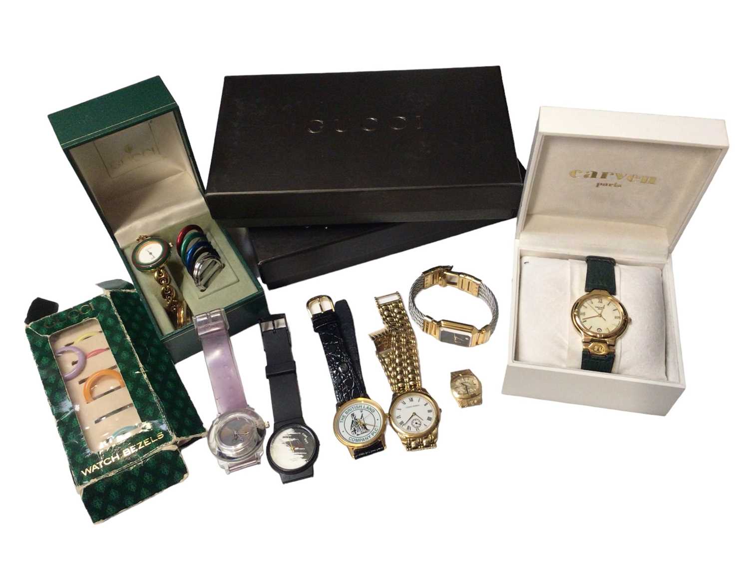 Lot 134 - Gucci gold plated ladies wristwatch with interchangeable bezels, boxed, together with a group of other wristwatches