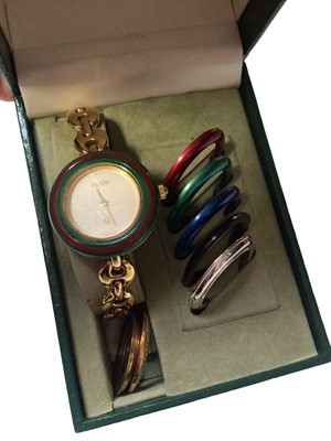 Lot 134 - Gucci gold plated ladies wristwatch with interchangeable bezels, boxed, together with a group of other wristwatches
