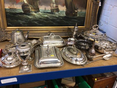 Lot 42 - Collection of silver plate to include entree dishes, tureen, cutlery, Edwardian plated oil lamp base and other items