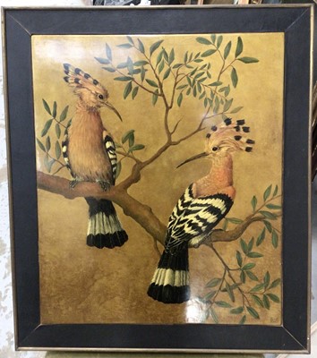 Lot 96 - Helene Whitwell - lacquer panel of hoopoe birds, framed