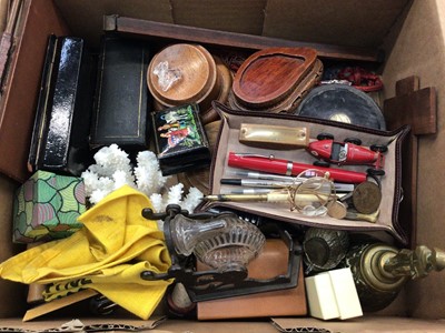 Lot 102 - Box of decorative items to include Russian papier mache boxes, novelty inkwell in the form of a snail, 19th century thermometer and sundries