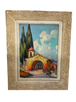Lot 154 - Mid 20th century Continental impasto oil on board, Church and cedar signed, 31 x 22cm, framed