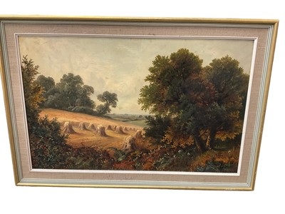 Lot 160 - Early 20th century English school, oil on canvas, Harvest landscape, signed with initials, 34 x 54cm, framed