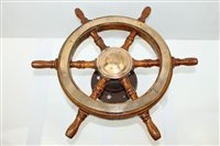 Lot 2094 - Old brass mounted wooden ships' wheel, faintly...