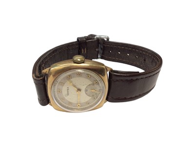 Lot 38 - 1940s Vertex 9ct gold cushion shaped wristwatch on leather strap