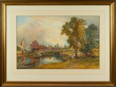 Lot 330 - Circle of John Constable RA watercolour - Dedham Lock and Mill, 1820, 48cm x 74cm, in glazed frame
