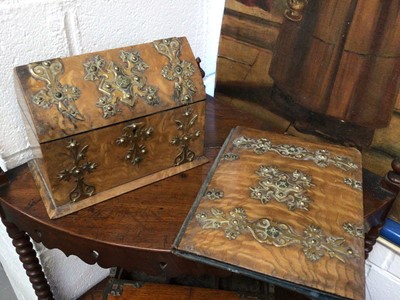 Lot 50 - 19th century arch top stationery box of exotic veneer, in the gothic ecclesiastical style, together with matching blotter, both with brass shaped strapping.  Together with Victorian oak tantalus fr...