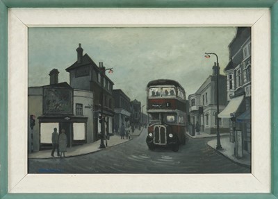 Lot 1349 - *Charles Debenham (b. 1933) oil on canvas - Night Bus, Head Street, Colchester, signed and dated ‘61, 51cm x 76cm, framed