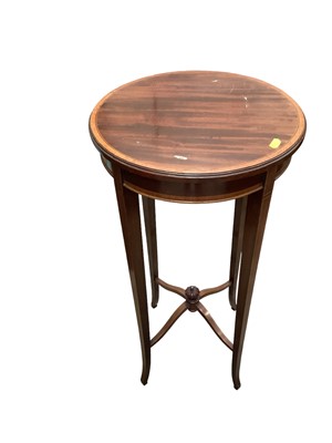 Lot 1207 - Edwardian inlaid mahogany occasional table on square taper legs joined by X frame stretchers, 36cm diameter