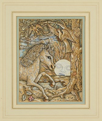 Lot 1164 - Denton Welch (1915-1948) mixed media - Horse and moon, signed with initials, 18cm x 14cm, mounted in glazed frame