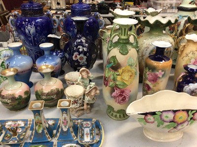 Lot 335 - Group of Victorian and later pairs of vases, large painted glass vase with cover, Noritake ceramic dressing table set, Coalport shell bowl and other decorative ceramics