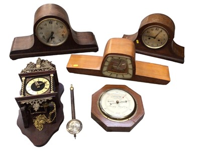 Lot 338 - Three 1930s mantle clocks, a wall clock and a Short & Mason London wall barometer (5)